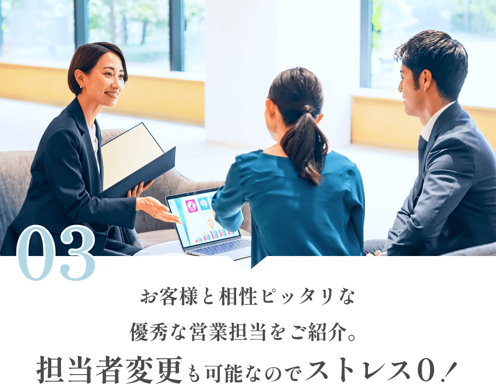 お客様と相性ピッタリな優秀な営業担当をご紹介。担当者変更も可能なのでストレス0！